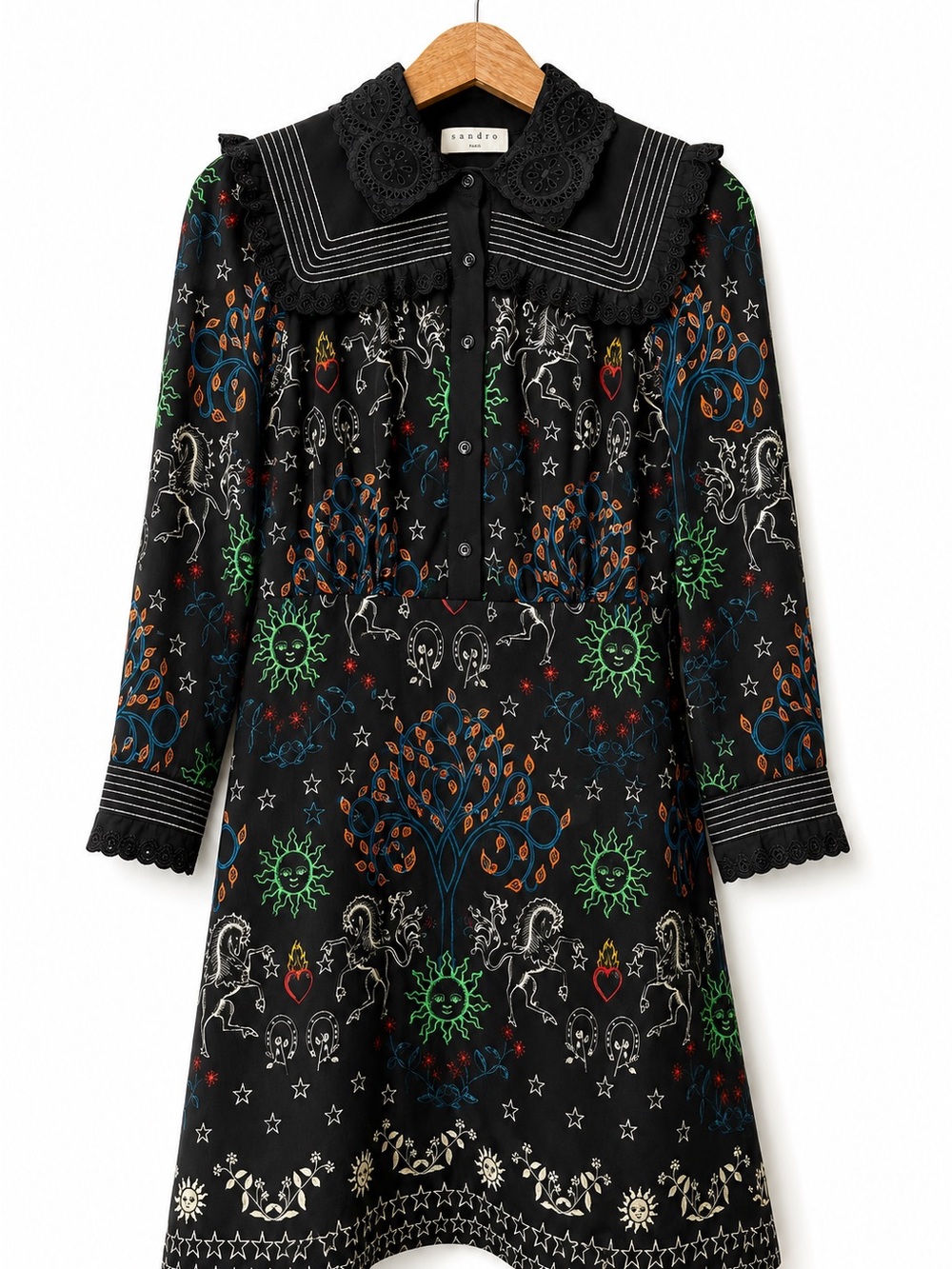 Sandro Black Embroidered Folk-Print Dress with Multicolor Motifs